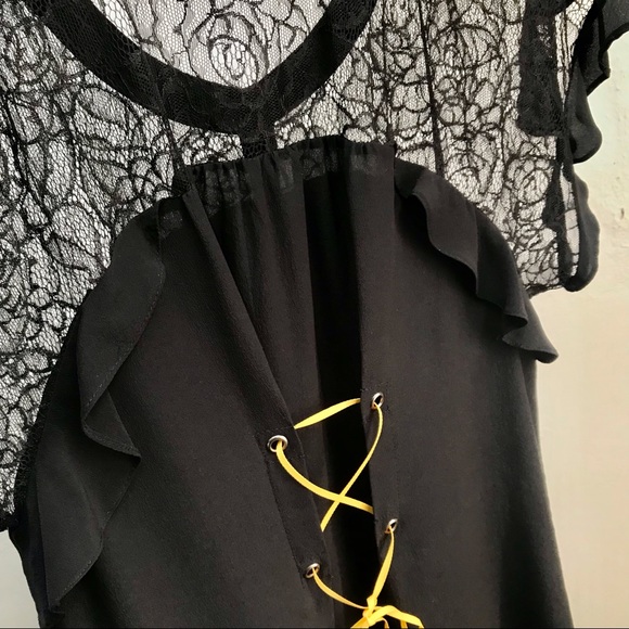 Rebecca Taylor lace black ruffle short sleeve blouse. Yellow corset tie back. SM - Picture 10 of 13